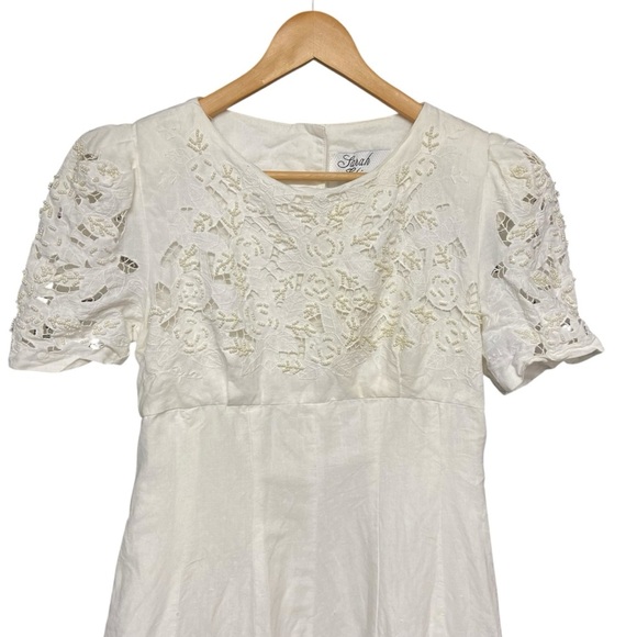 Vintage Sarah Elizabeth Dress Size 10 Pearl Beading Lace Linen Blend Bridal - Picture 11 of 13